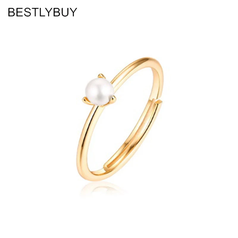 

BESTLYBUY Fashion Gold Color Natural Freshwater Pearl Engagement Rings For Women S925 Sterling Silver Fine Jewelry Anillos Mujer