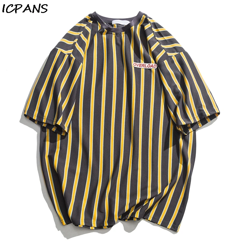

ICPANS Vertical Stripe Oversized Men's Tshirts Short Sleeve 2019 Summer New Korean Style Loose T-shirt Male Tee Cotton