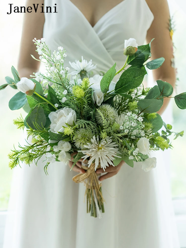 JaneVini Romantic White Bridal Bouquets Artificial Silk Rose Boho Bouquet Green Leaves Bridesmaid Holding Flowers Bouket Wedding | Свадьбы и