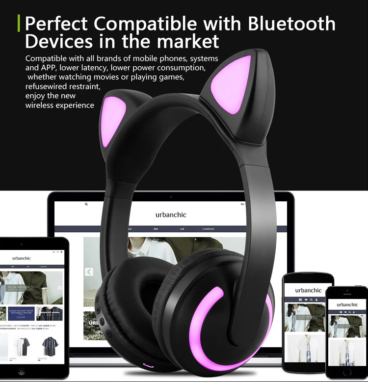 AINGSLIM bluetooth наушники беспроводные стерео гарнитура мигающие светящиеся кошачьи наушники 7 цветов светодиодный светильник с микрофоном для телефонов
