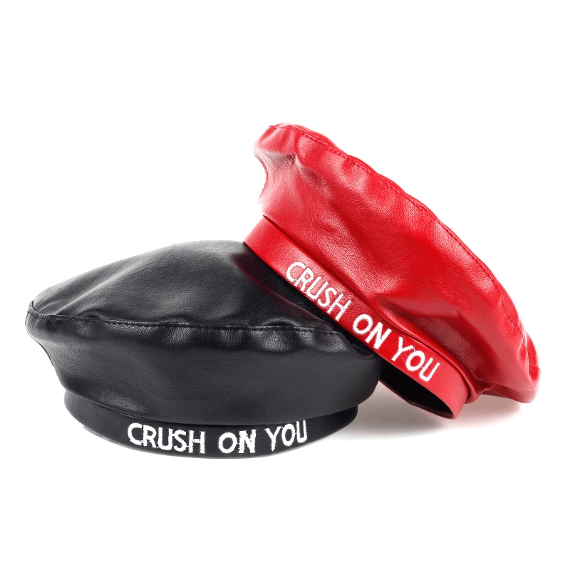 Женский берет из искусственной кожи VORON однотонный с надписью CRUSH ON YOU для осени и