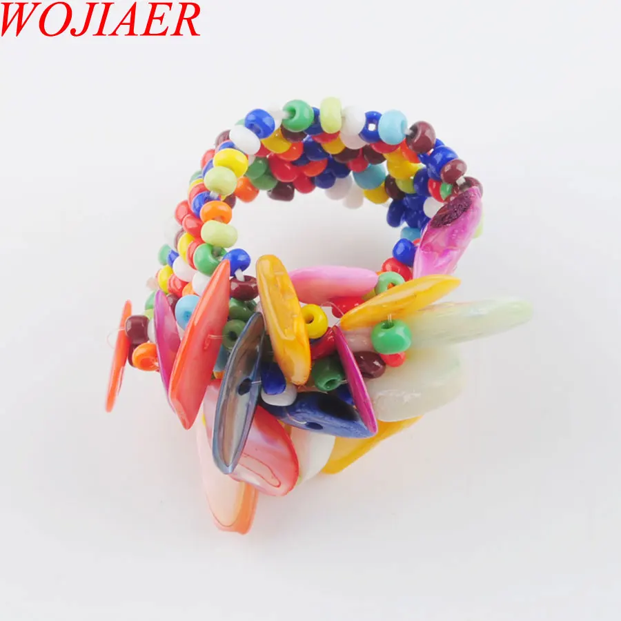 Multi-Color Shell WOJIAER натуральное кольцо с драгоценным камнем для леди лабрадоирт стрейч Австрийские кольца ювелирные изделия PBJ301 - Цвет основного камня: Multi-Color Shell