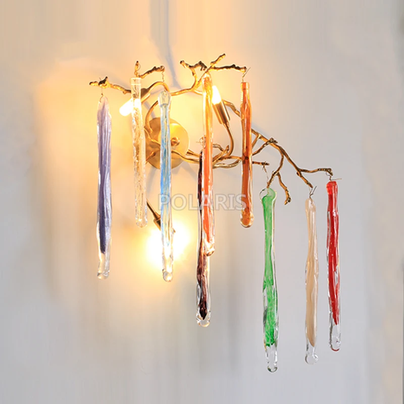 

Vintage Colored Glass Drop Crystal Chandelier LED Wall Sconce Lamp Brass Wall Light Copper Wall Lighting for Living Dining Room