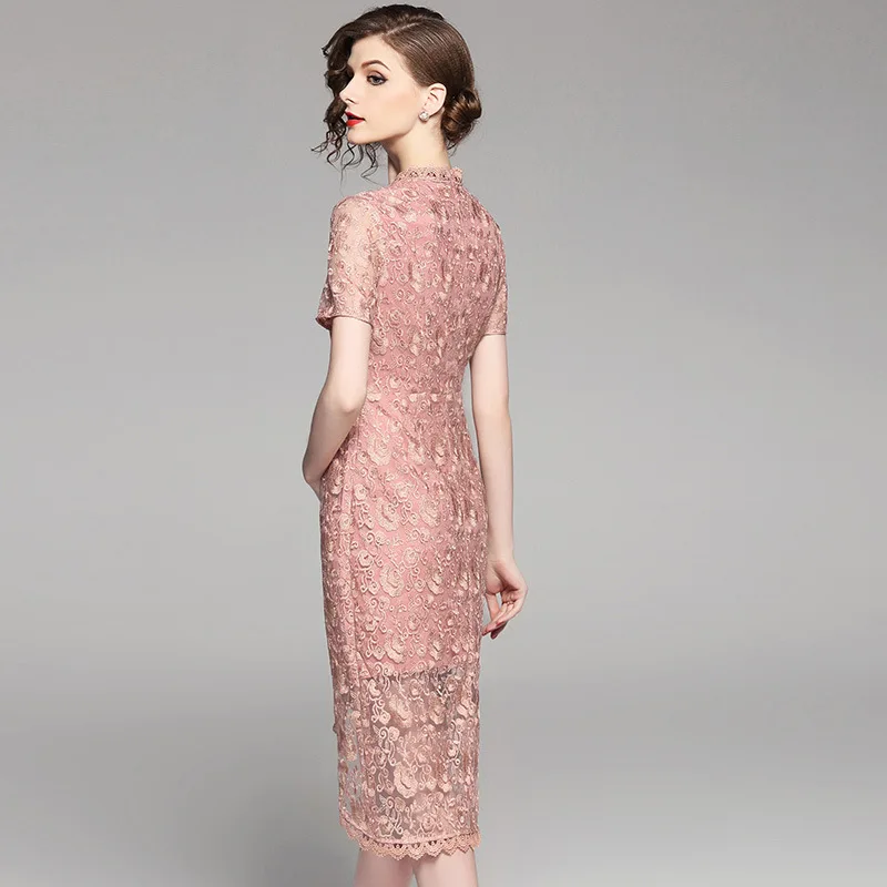 

Sexy Party Dress Women Summer Deep V Neck Lace Dresses Fashion Embroidery Knee-length Dress