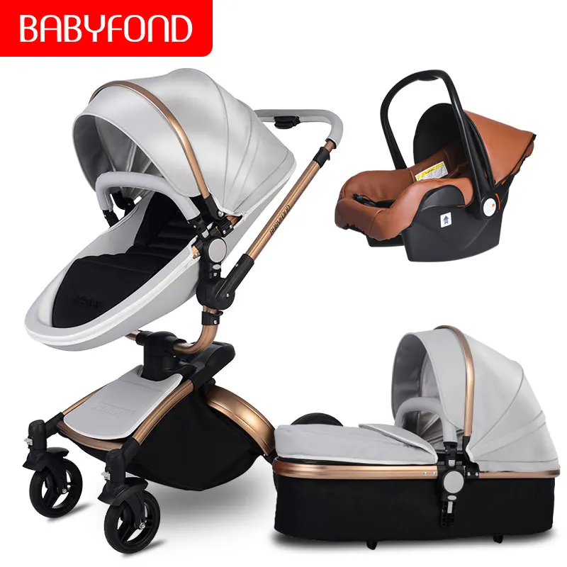 Babyfond 3 в 1 Роскошная Европейская детская коляска, кожаная Двусторонняя амортизационная коляска, брендовая детская коляска 2 в 1, золотисто-коричневая, бесплатные подарки - Цвет: B