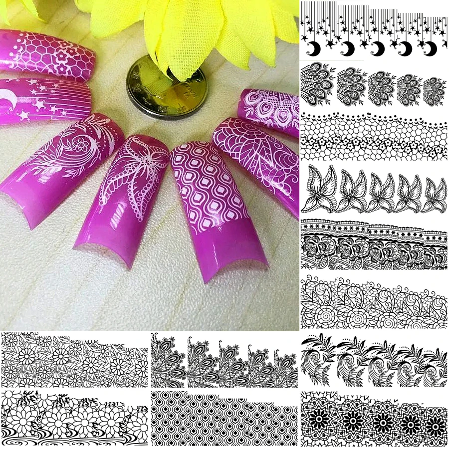12 Sheets full water transfer nail art stickers decals nails decorations manicure tools beauty black white lace design B336 | Красота и