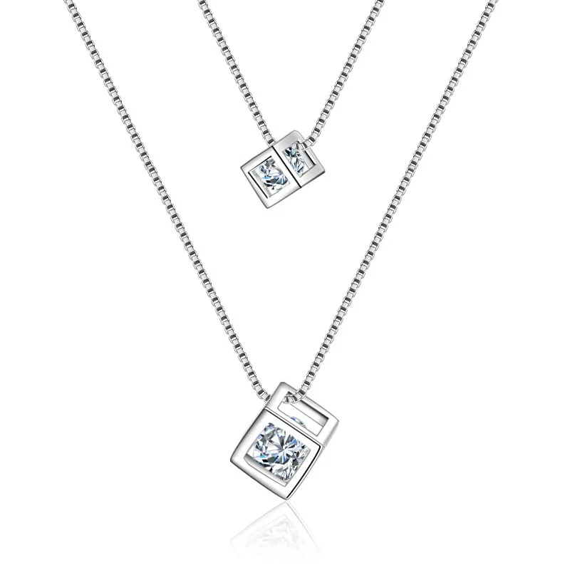 

XIYANIKE Silver Color Square Cube Zircon Choker Statement Necklace For Women Double Layer Pendants & Necklaces Gift