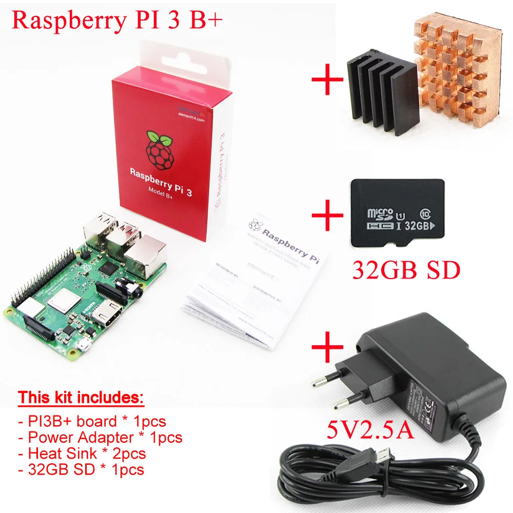 Комплект 1 32 Гб sd-карта+ Raspberry Pi 3 Model B+ плюс плата+ теплоотвод+ адаптер питания Блок питания переменного тока - Комплект: Комплект 1