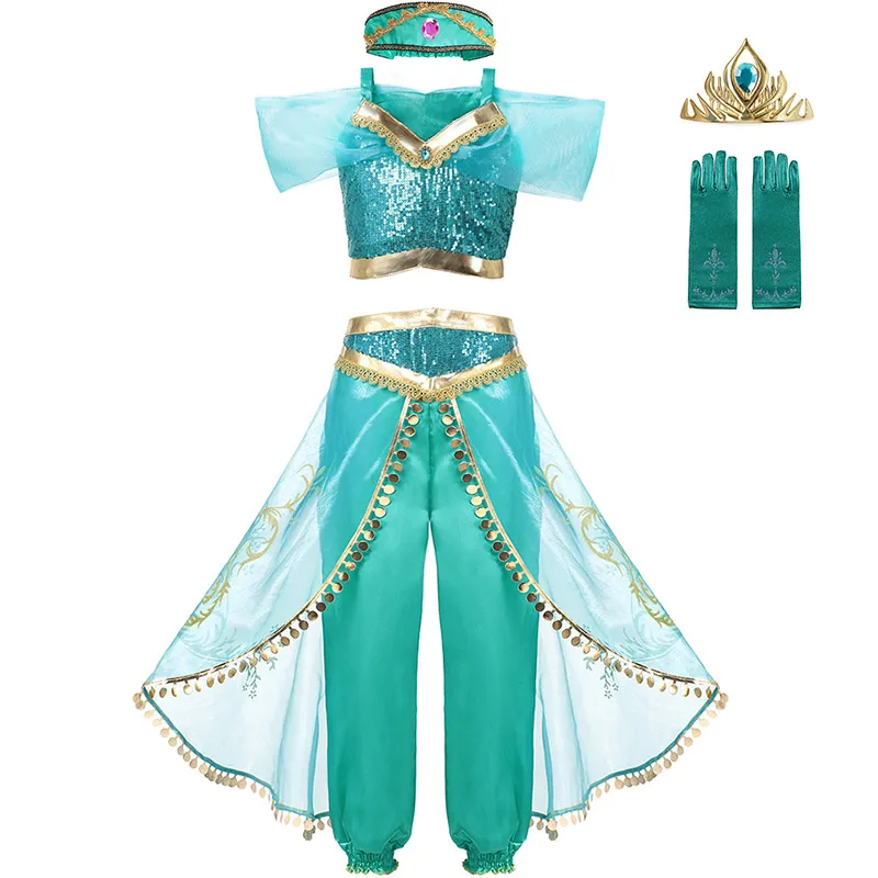 Jasmine Set-1 PaMaBa/праздничная одежда принцессы жасмин для девочек; нарядный комплект одежды; Топ и штаны; повязка на голову; Детский костюм с изображением Аладдина и волшебной лампы - Цвет: Jasmine Set-1