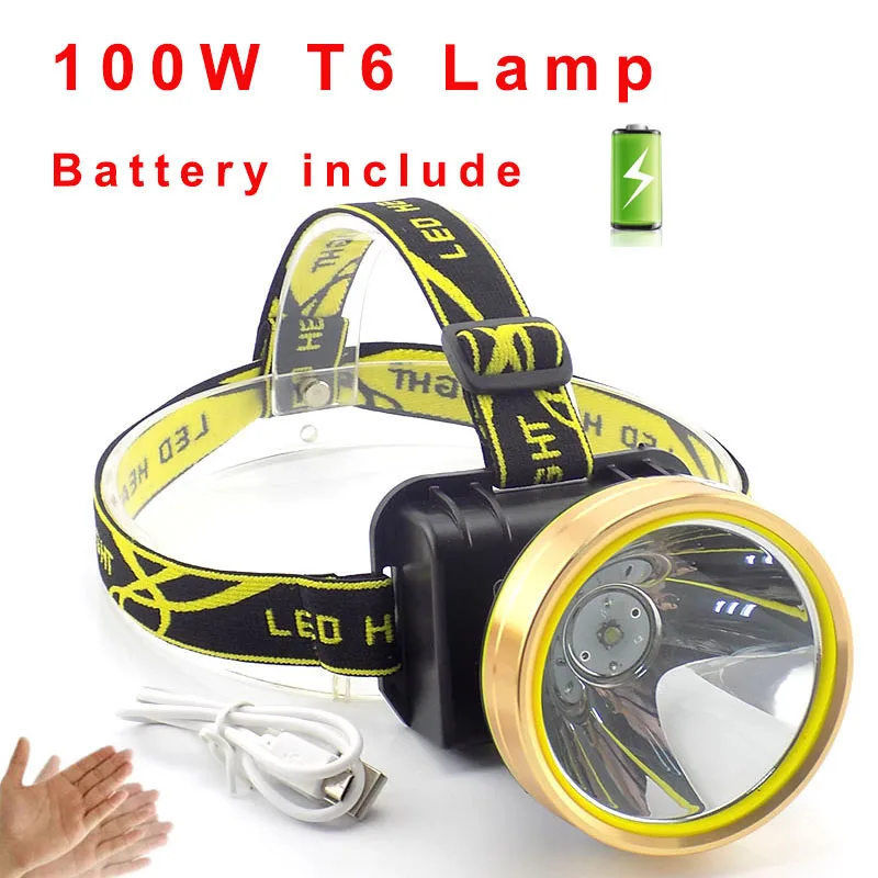 100W Lamp Мощный датчик T6 светодиодный налобный светильник Перезаряжаемый usb зарядный поисковый светильник фронтальная Налобная лампа светильник фонарь вспышка светильник батарея - Испускаемый цвет: 100W Lamp