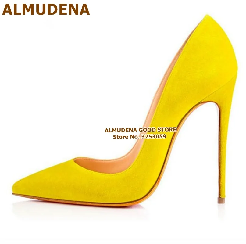 ALMUDENA замшевые модельные туфли-лодочки на шпильке с острым носком; туфли для торжеств на ультравысоком каблуке 12 см с закрытым носком; Цвет фиолетовый, желтый, синий