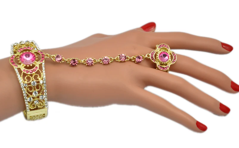 Браслет-манжета с кристаллами и цветами кольцом на палец | Украшения аксессуары