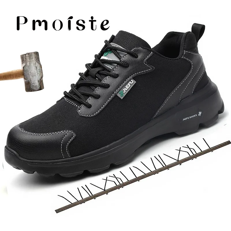 Black fabric Мужские рабочие защитные ботинки Большие размеры 44-48, сетчатые, со стальным носком, на шнуровке, Рабочая защитная обувь для мужчин, камуфляжные, г. Новые кроссовки - Цвет: Black fabric