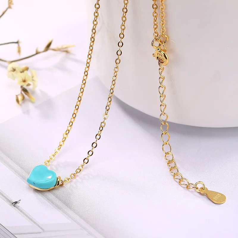 

New S925 pure silver gold-plated pendant with delicate natural turquoise inlay love ms clavicle chain sets of chain