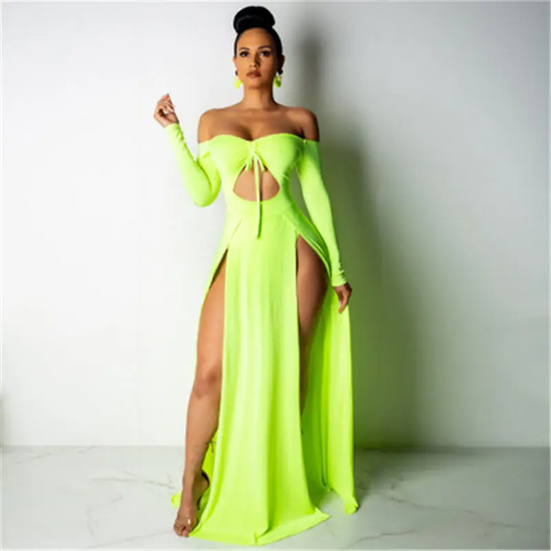 

2019 Sexy Off Shoulder Hollow Out Neon Color Long Maxi Dress Women Long Sleeve High Split Night Party Club Dress Vestido 117