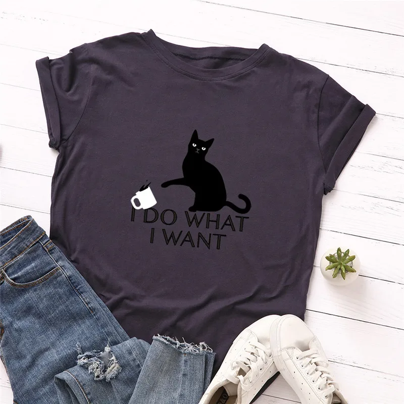 Женская футболка размера плюс S-5XL с буквенным принтом Kawaii Cat, хлопок, круглый вырез, короткий рукав, летняя футболка, топы, футболки, женские футболки - Цвет: A0595-zanglan