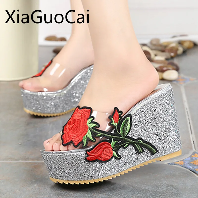 

Embroidery Rose Super High Women Slippers Wedge Waterproof Platform Female Slippers Thick Bottom Super High-heeled Slippers
