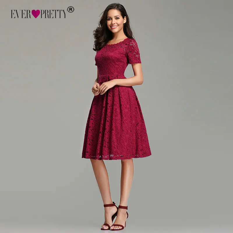 Платья для выпускного, Бургунди Ever Pretty EZ03061 элегантные трапециевидные короткие кружевные сексуальные вечерние платья с коротким рукавом и аппликацией