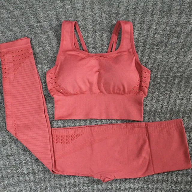 Red 2Pcs Set 2 шт. женский бесшовный энергетическая Йога Комплект Спортивный бюстгальтер на бретельках+ леггинсы с высокой талией супер эластичные спортивные колготки для бега - Цвет: Red 2Pcs Set