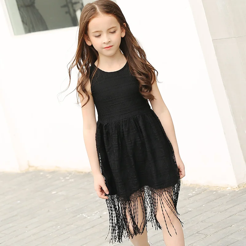 2018 Summer Girl Black Tassel Dress Kids Vest Children Girls Sleeveless Fringe Clothing For 5 8 11 16 Year Old | Детская одежда и
