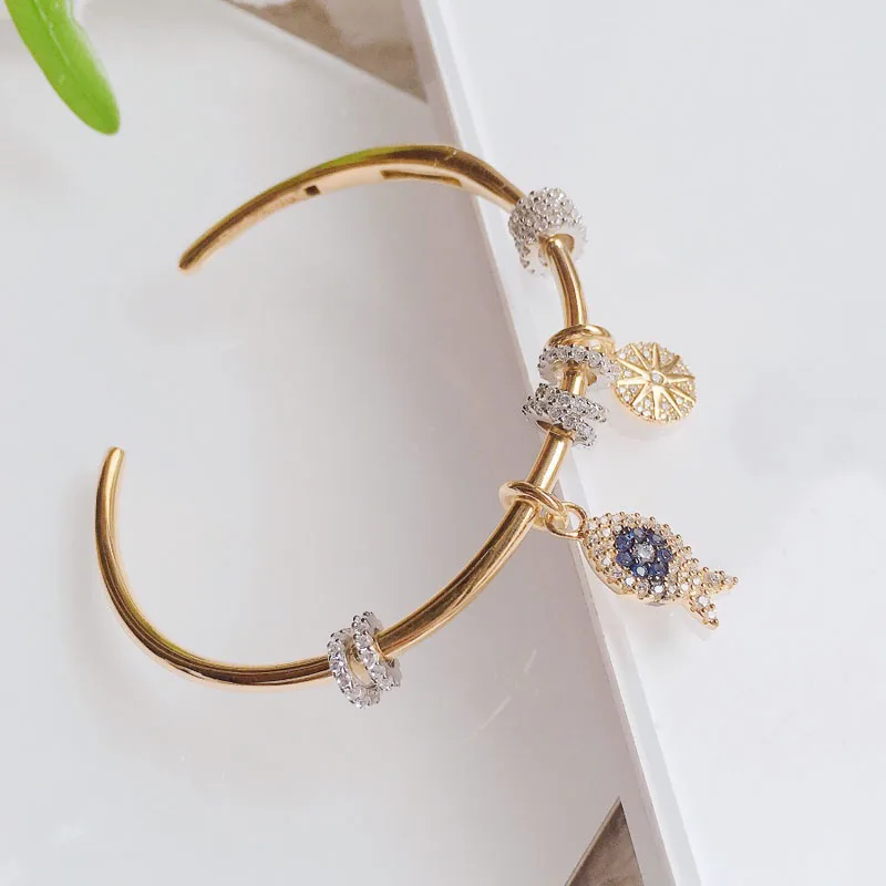 SLJELY Твердое Серебро 925 пробы золотой цвет Lucky Fish открытый манжет с скользящими