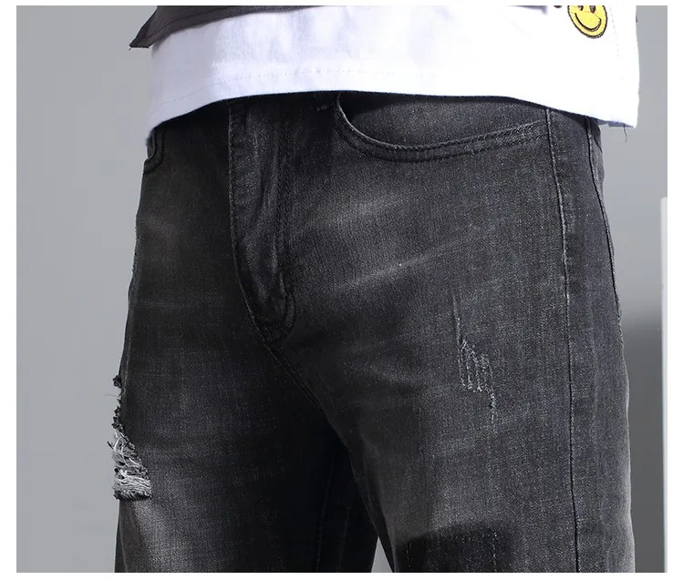 2019 новые черные джинсы Для мужчин Slim Fit рваные колени отверстие летние штаны для