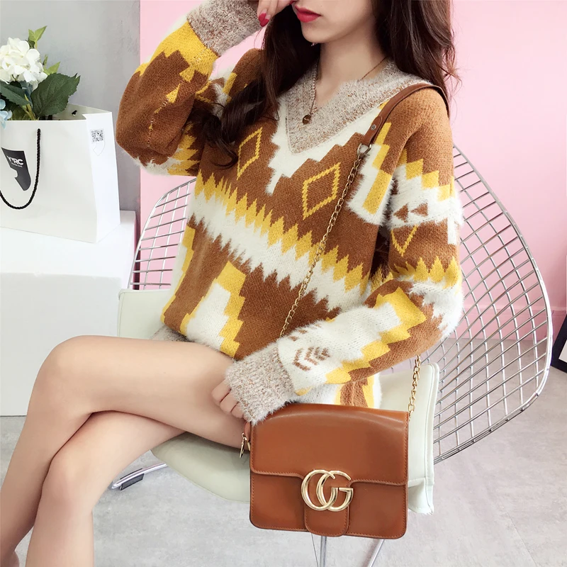 Autumn Winter Knit Pullovers Sweaters New Hot Sales Women Preppy Style Girls Blue Brown Knitted Printed V Neck Sweater Tops 1078 | Женская