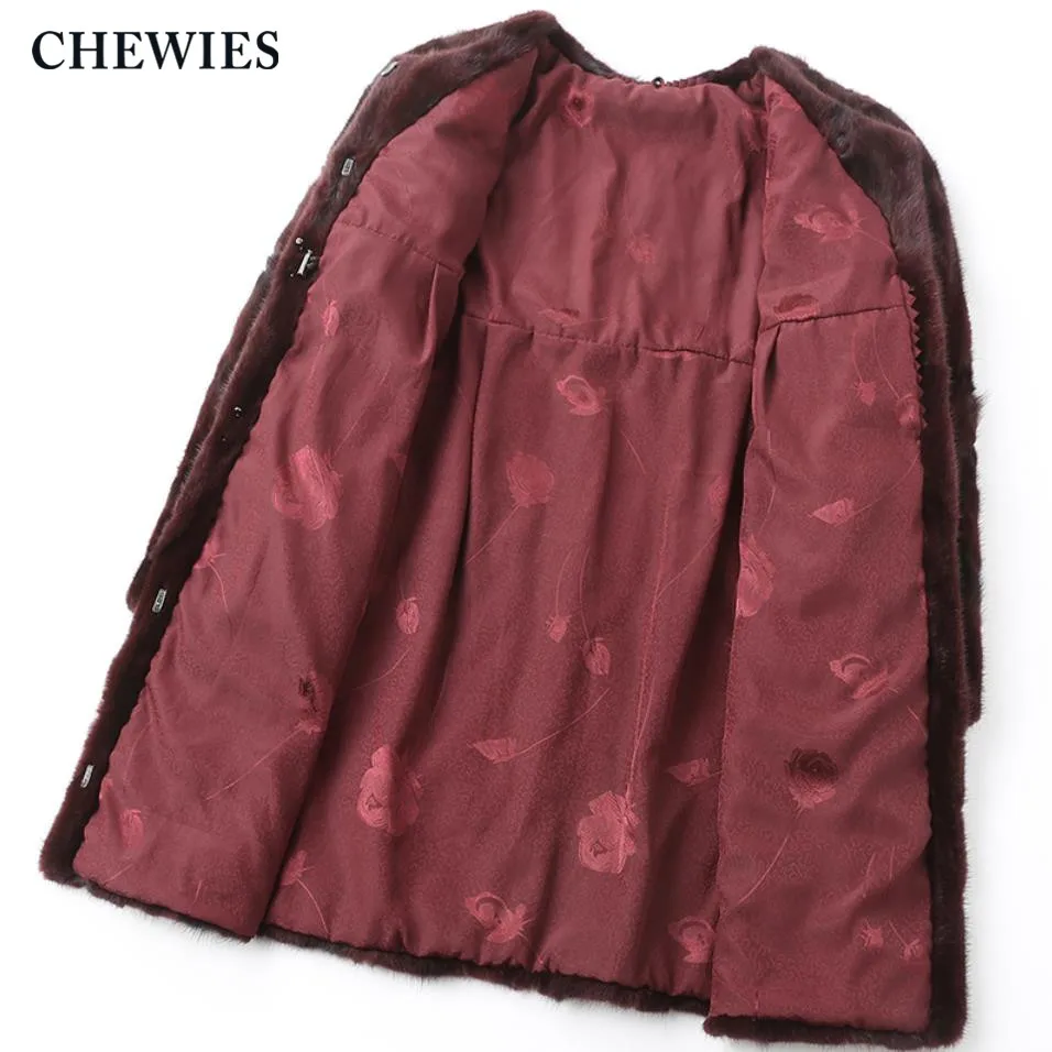 Женская длинная шуба из натурального меха норки с круглым вырезом|Шубы и