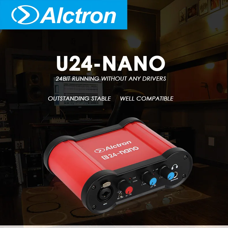 Alctron U24nano 24 бит Портативный USB аудио интерфейс внешняя Запись Звуковая карта с 48 В фантомное питание для прямой трансляции