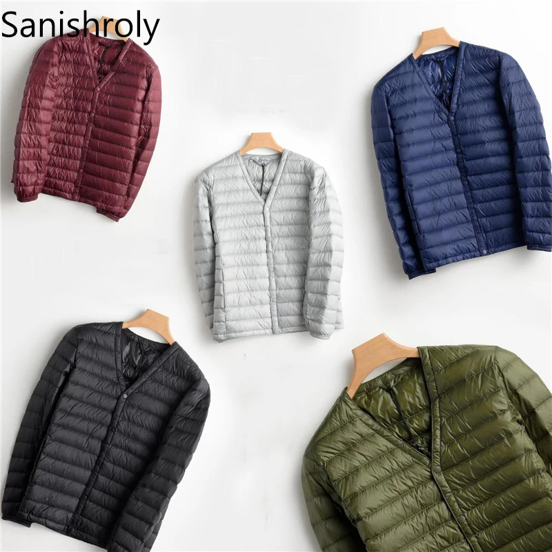 

Sanishroly Men's Down Coat Autumn Winter Slim Ultra Light White Duck Down Parka Jacket Male V-Neck Thin Short Outwear Tops SE359