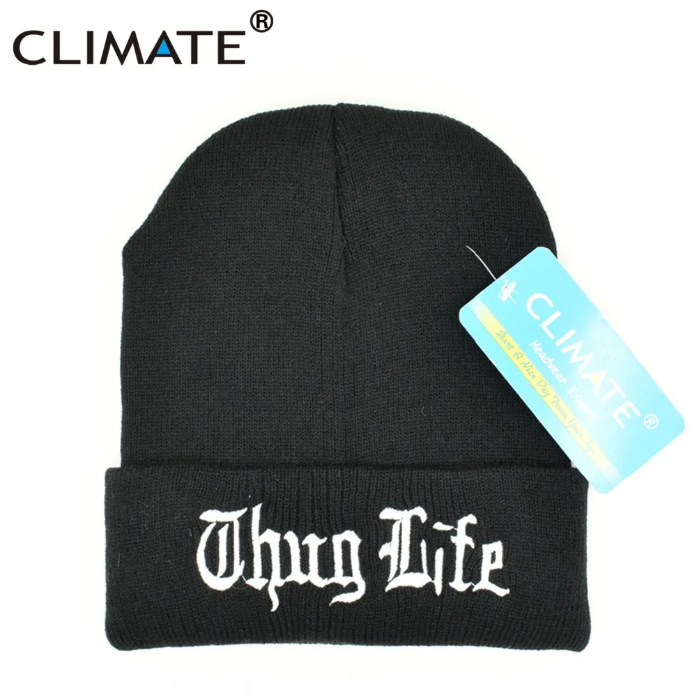 Климатическая Мужская Женская Зимняя Теплая Шапка бини THUG LIFE Black Knit Skullies Beanie