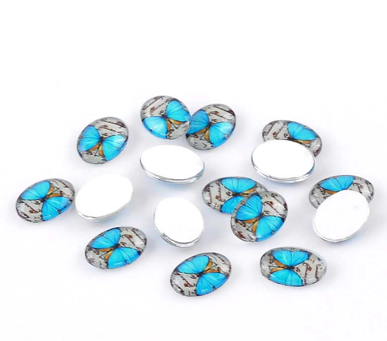 DoreenBeads стекло купольное уплотнение кабошоны фурнитура для украшений овальная плоская задняя сторона синий узор бабочки 18 мм x 13 мм, 2 шт