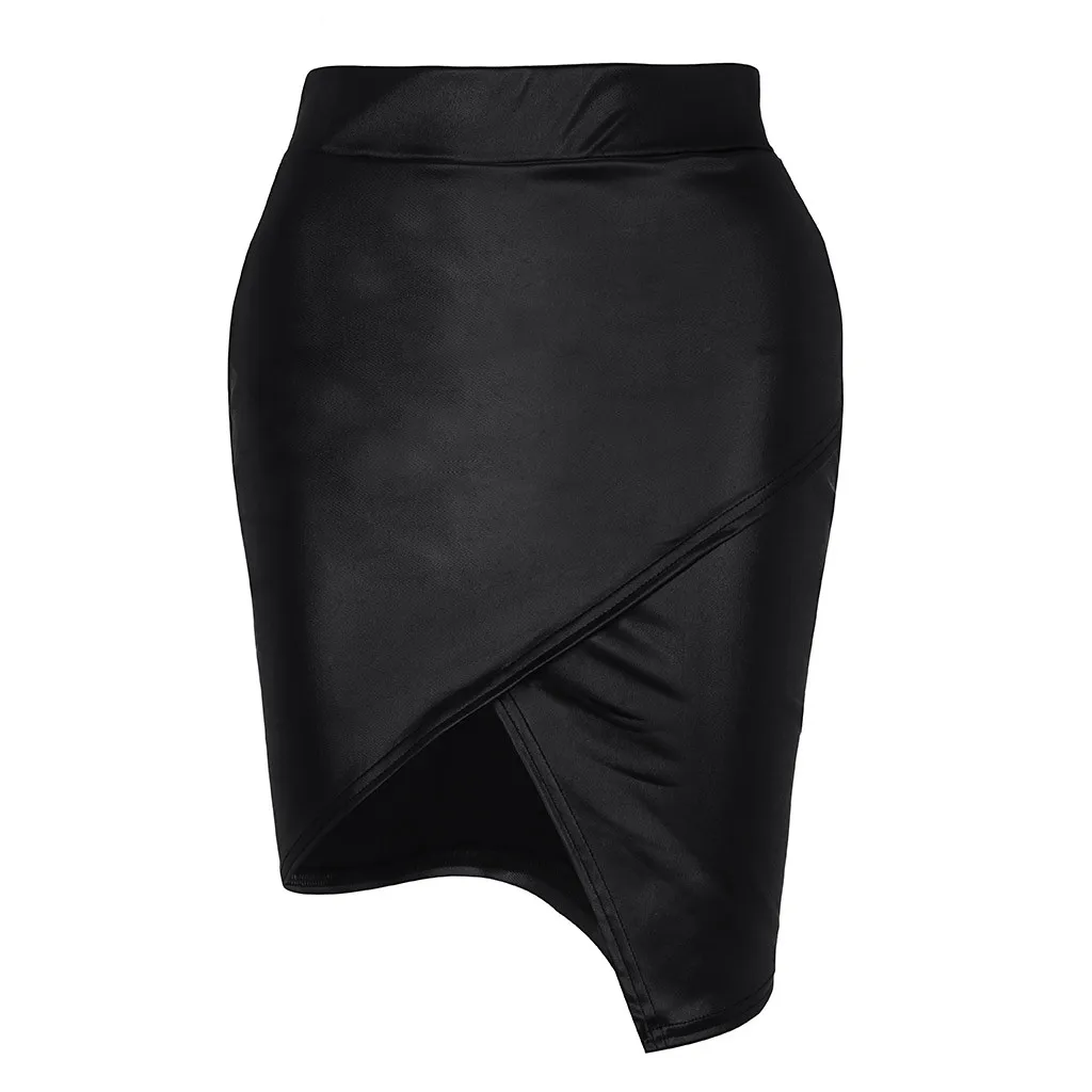 

New 2019 Women's Mini Skirts PU Leather Black High Waist Asymmetrical Sexy Slit A-Line Skirts Bodycon Elegant Femininas 6.26