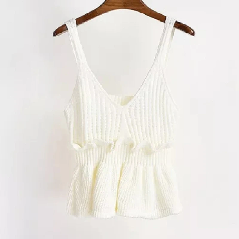 Белый Для женщин трикотажное эластичное Ruffled Crop Топы кофта с v-вырезом без рукавов с открытой спиной Туника женская майка лето сексуальный топ Для женщин - Цвет: Белый