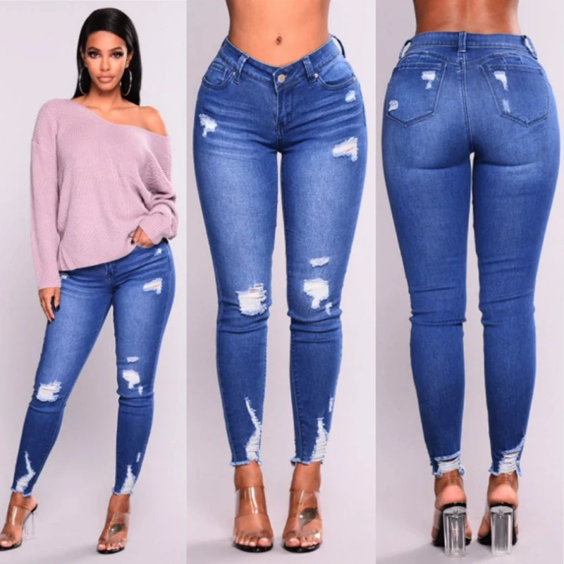DROP SHIPPING ripped fashion Jeans Women Classic High Waist Skinny Pencil Blue Denim Pants solid Zipper washed women 3XL | Женская