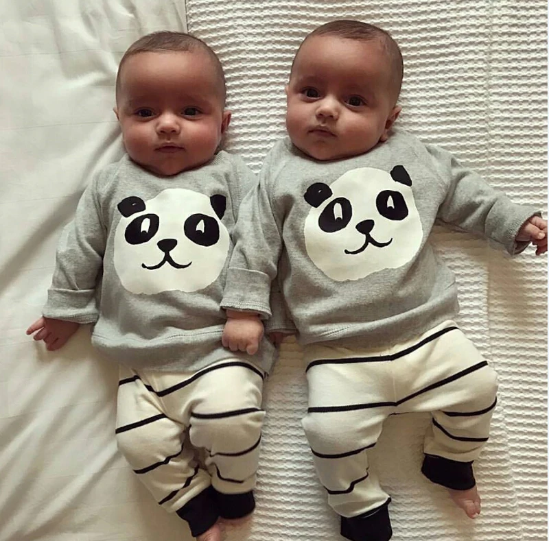 Комплекты одежды для малышей Детская футболка с длинными рукавами и рисунком панды для новорожденных мальчиков и девочек+ штаны в полоску комплекты одежды для младенцев от 0 до 18 месяцев