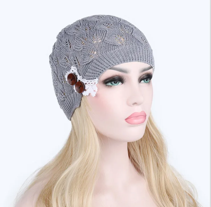 Новинка, вязаная шапка Gorros, женская шапка, листья, кружево, пуговица, шерсть, теплые шапки, берет, хеджирующая шапка, зимняя шапка, женская шапочка - Цвет: color 3