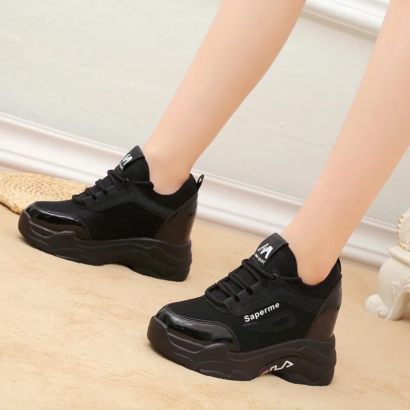 

2019 Autumn New Height Increased Sneakers Wedges Shoes For Women Platform Casual Shoes 9CM Tenis Feminino Fashion Black Shoes