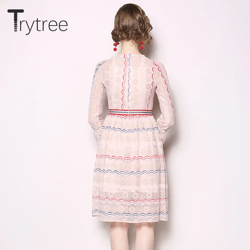 Женское кружевное платье в полоску Trytree повседневное розовое трапециевидной