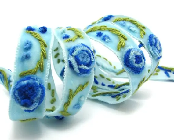 3 Colors|Yarn Flowers Embroidered on Light Blue Velvet Ribbon|Sewing|Quilting|Craft Supplies|Hair Accessories | Дом и сад