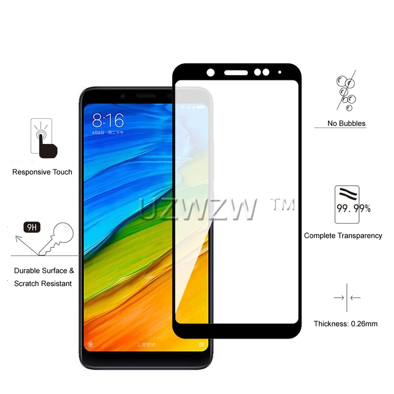 2 шт Полное покрытие из закаленного стекла для Xiaomi Redmi Note 5, Защитное стекло для экрана