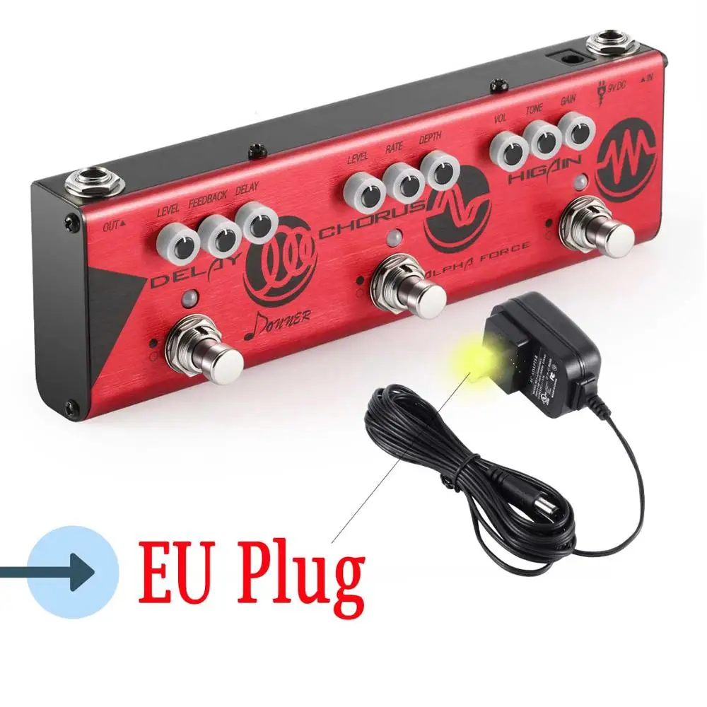Red - EU Plug Donner 3 в 1 мультиэффект электрогитары педаль задержки хора искажения Higain обратная модуляция эффекты цепи педаль Новинка - Цвет: Red - EU Plug