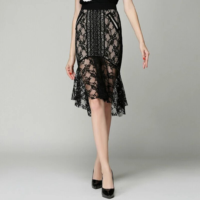 Женская кружевная юбка годе черная ажурная с кружевом 2017|lace skirt women|black lace skirtlace |