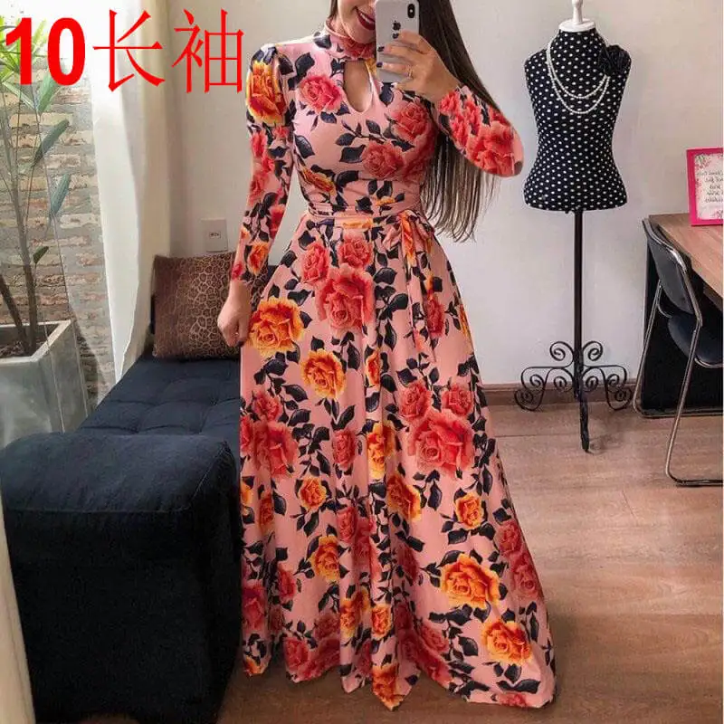 long sleeve 10 По сравнению с Размеры Повседневное Для женщин летнее платье из набивной ткани роковой вечерние платья Для женщин пуловер размера плюс уличная длинное Бандажное Макси платье - Цвет: long sleeve 10