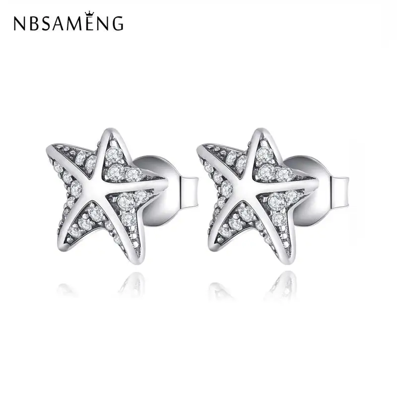 

Authentic 925 Sterling Silver Tropical Starfish CZ Earring Clear Crystal Stud Earrings For Women Earrings Wedding Party Jewelry