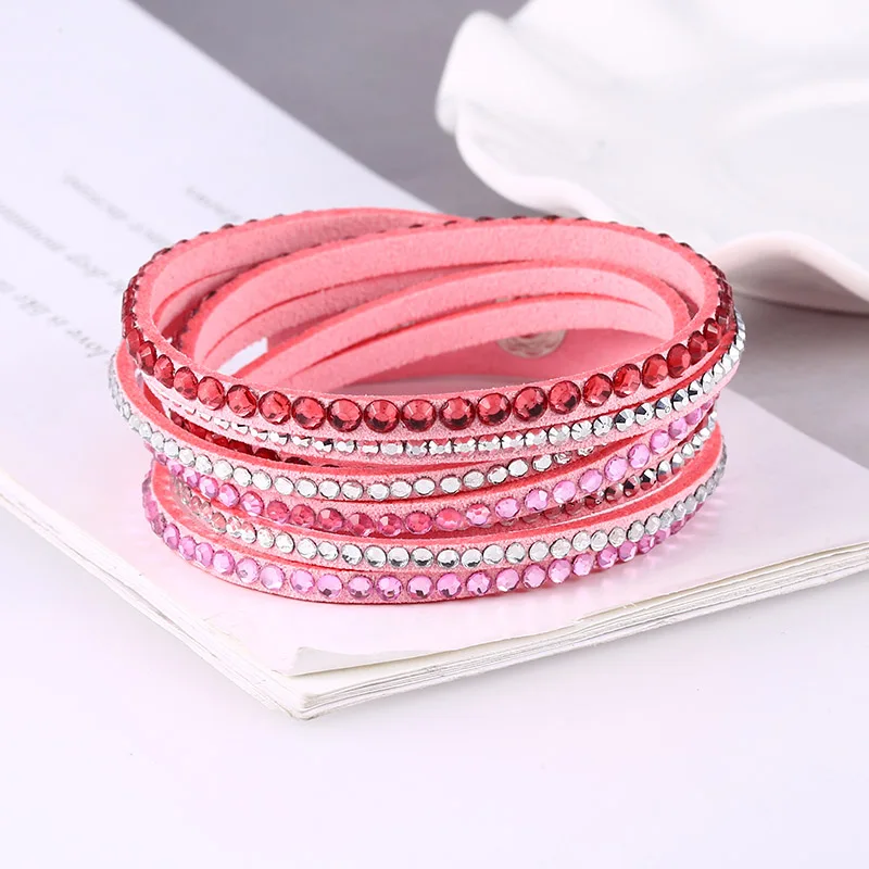 Pink Bracelet HOCOLE тренд кожаный браслет со стразами женский шарм кристалл обруч Многослойные браслеты для женщин Свадебные модные ювелирные изделия - Окраска металла: Pink Bracelet