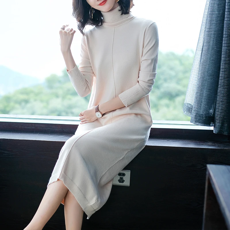 Длинное платье свитер новинка 2020 женское модное вязаное шерстяное с высоким