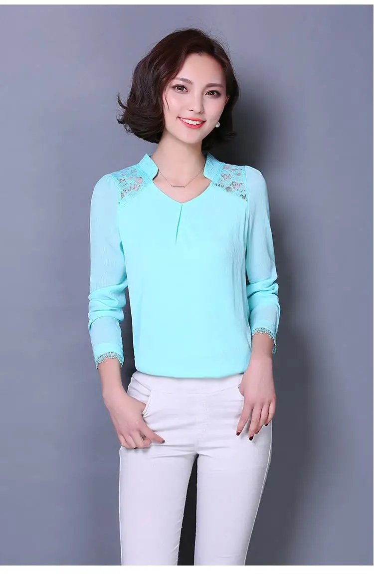 Женская шифоновая блузка с V образным вырезом длинным рукавом и кружевом|chiffon