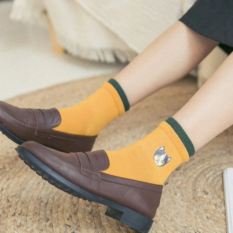 Модные корейские женские носки с вышивкой и мультяшными животными милые зимние