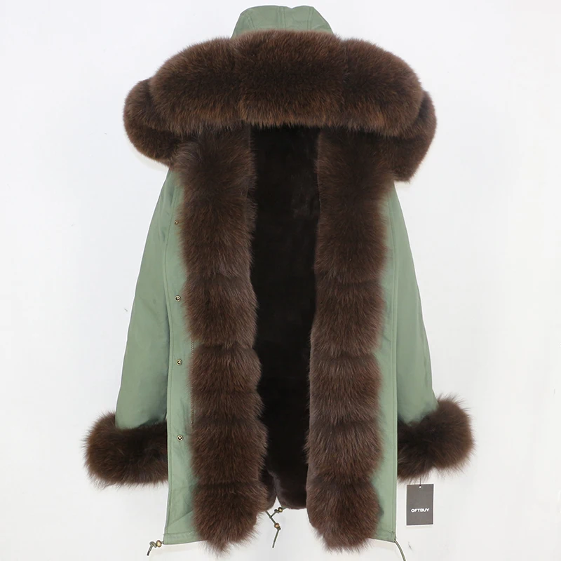 green dark brown Брендовая парка натуральный Лисий меховой воротник зимняя куртка женская шуба натуральная Толстая теплая длинная парка Большая Меховая Верхняя одежда Съемная - Цвет: green dark brown